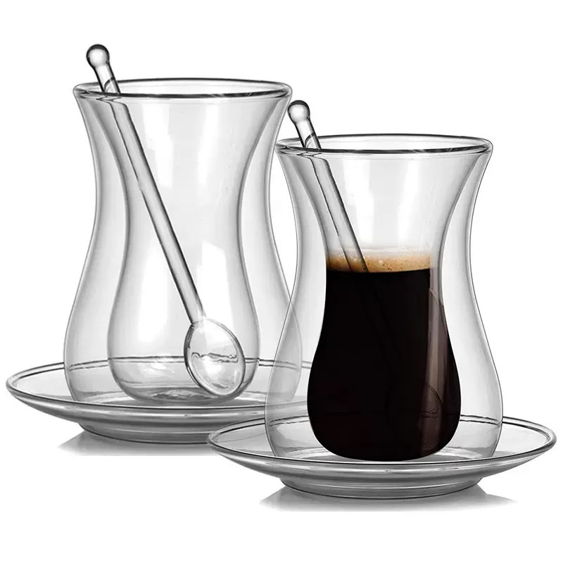 DW-03 High Quality Irish Style 150ml Double Wall Glass Cup with Saucer and Spoon - Image 3