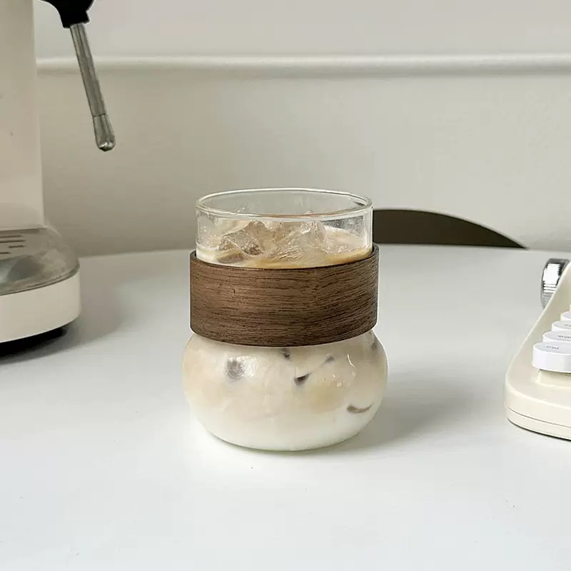 SGW-05 Wholesale Cheap Price Glass Coffee Cup with Wooden Sleeve Borosilicate Glass Cup for Coffee Tea Water